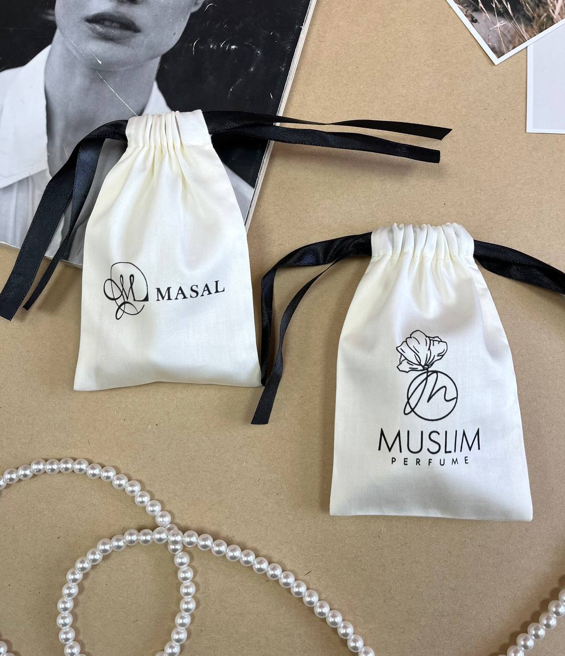 Premium Cream Cotton Pouch with Black Print and Satin Ribbons (10pcs) - Image 2