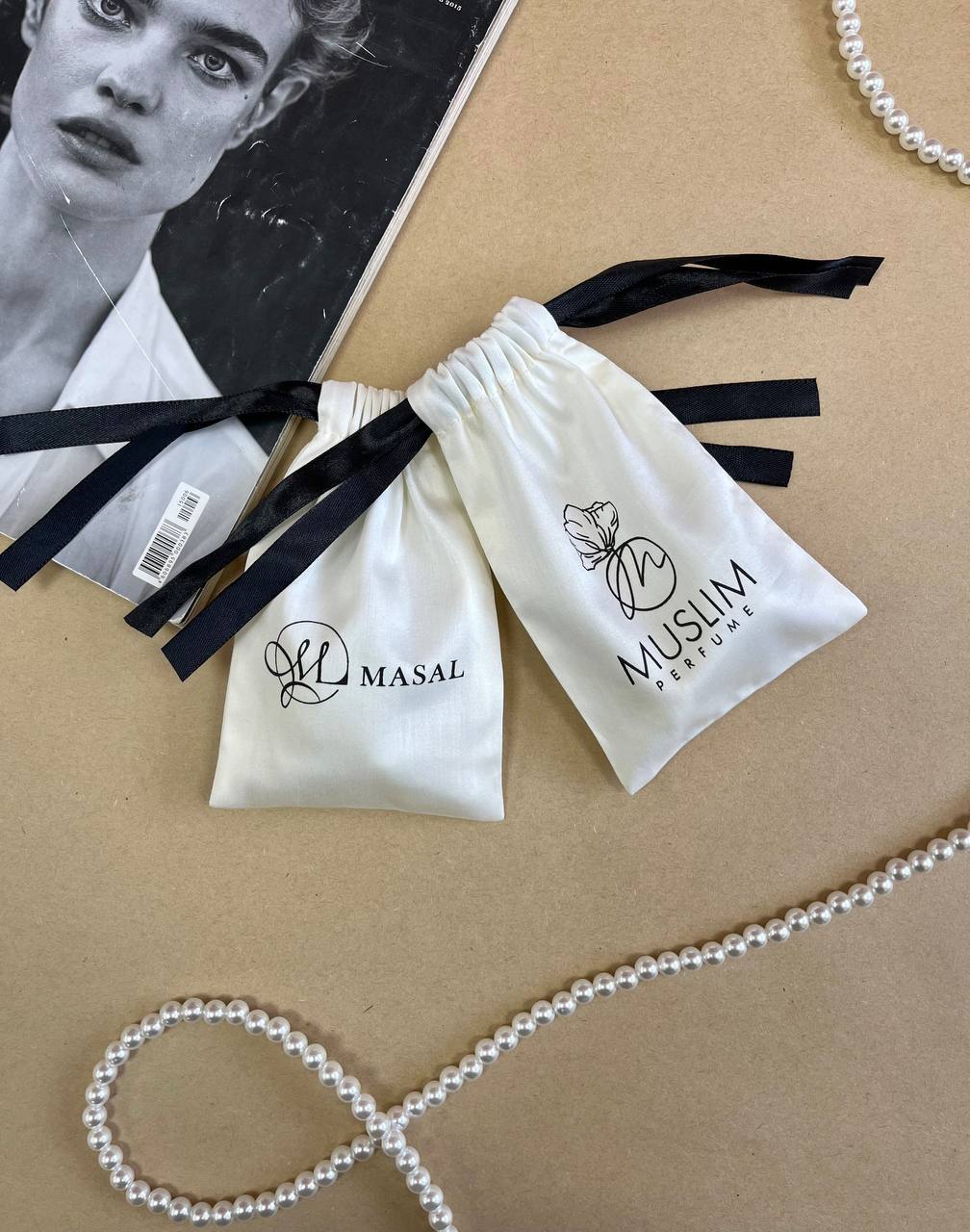 Premium Cream Cotton Pouch with Black Print and Satin Ribbons (10pcs)