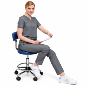 Grey medical uniform with contrast piping on a seated model, white background