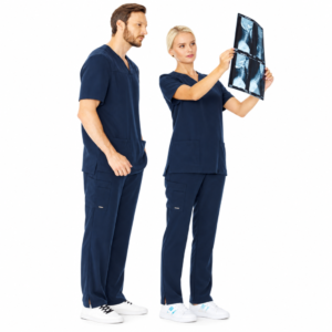 Navy medical scrub uniforms for women and men with cargo trousers, white background