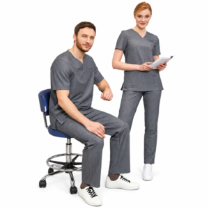 Grey medical uniforms for women and men with matching cargo trousers, white background