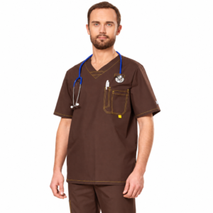Chocolate brown men’s medical uniform with yellow contrast stitching and chest pocket, white background