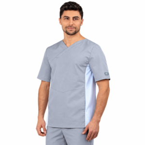 Light grey men’s medical scrub suit with asymmetric V-neck and striped side panels, white background