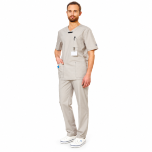 Light grey men’s medical uniform with V-neck, patch pockets and white clogs, white background
