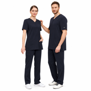 Two models in navy medical uniforms, white background