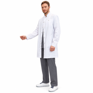 White men’s medical coat with stand collar and metal snaps, grey trousers, white background