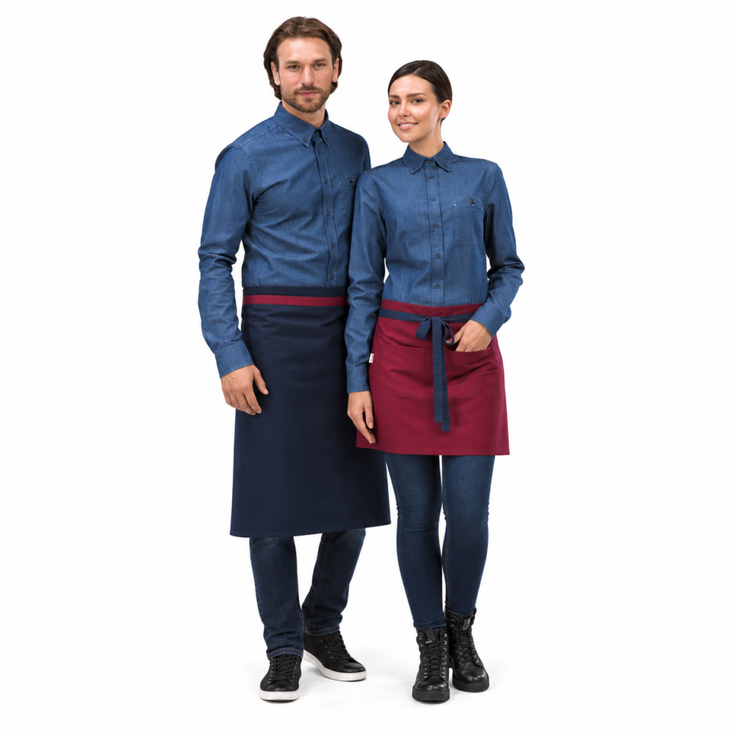 Denim-style blue unisex waiter shirt S137 – made to order, logo embroidery