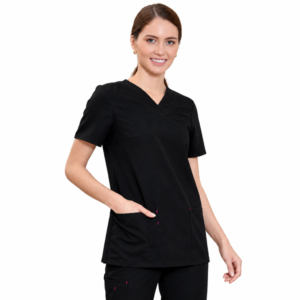 Black women’s V-neck medical scrub set with pink pocket stitches on white background