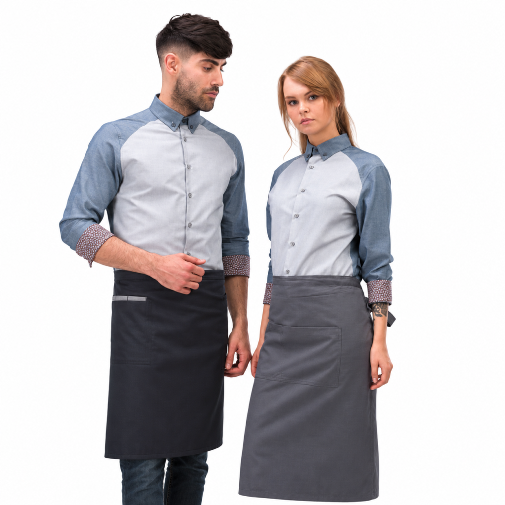 Two-tone grey and blue unisex waiter shirt S134 – made to order, logo embroidery