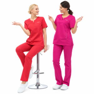 Coral and fuchsia women’s medical scrub sets on white background