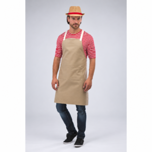 Raputa beige work apron with front pocket — full-length front view