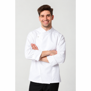 White double-breasted chef jacket KM-2 with crossed arms