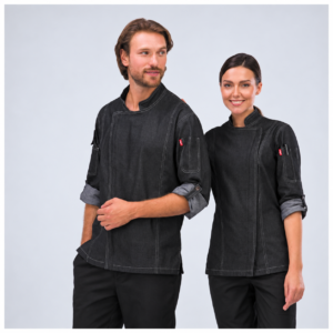 Raputa black micro denim chef jackets — men and women, rolled sleeves