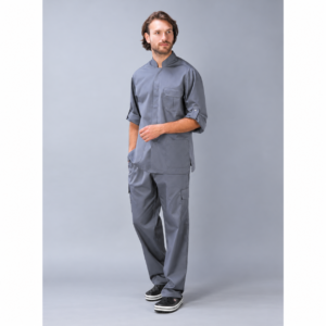 Gray chef jacket and trousers, full-length view