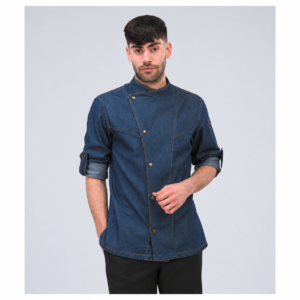 Blue denim chef jacket KM-8 with brass snap buttons, front view