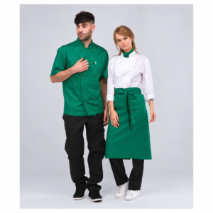 Two chefs in green and white uniforms, full-length view
