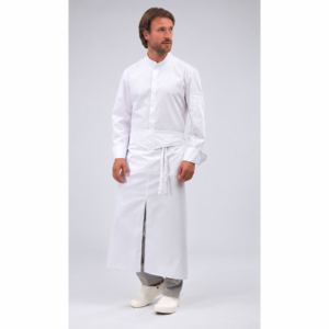 Chef in a white jacket and long apron, full-length view