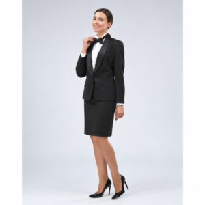 Raputa receptionist uniform — black jacket and skirt with white shirt and bow tie, full-length view