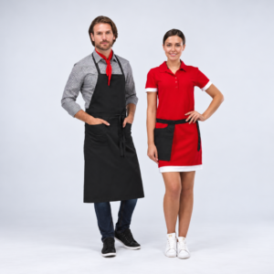 RAPUTA waiter uniforms: long black bib apron for men and black waist apron for women
