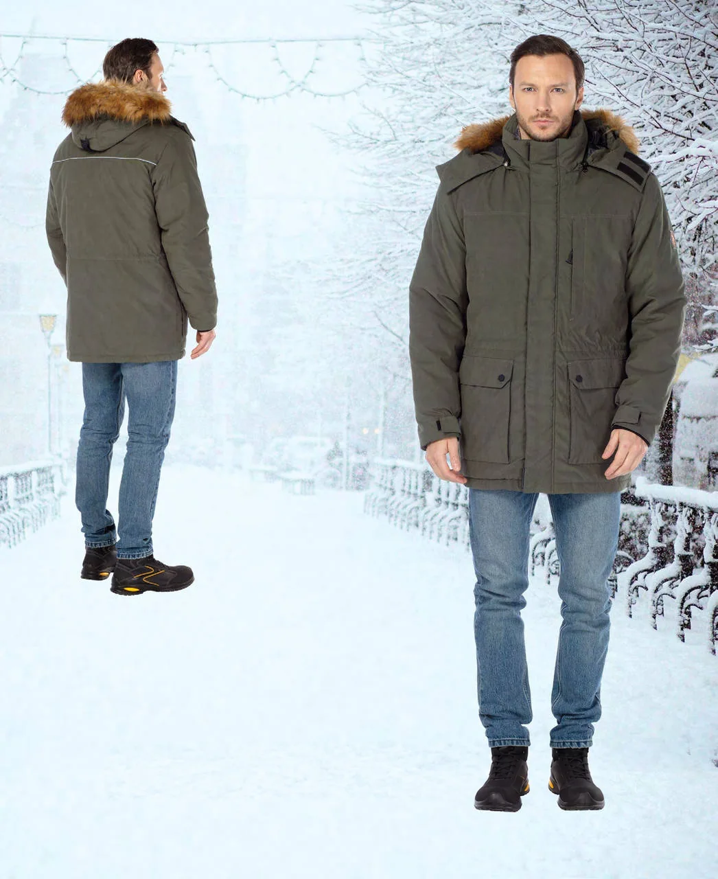 Olive hooded winter work jacket with fur trim, front and back views