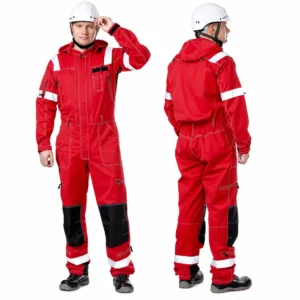 RAPUTA red work coveralls with reflective strips, front and back views