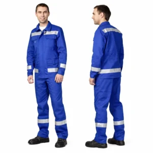 RAPUTA blue work suit with reflective strips, front and back views