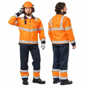 RAPUTA S5 orange and navy reflective work suit, front and back views