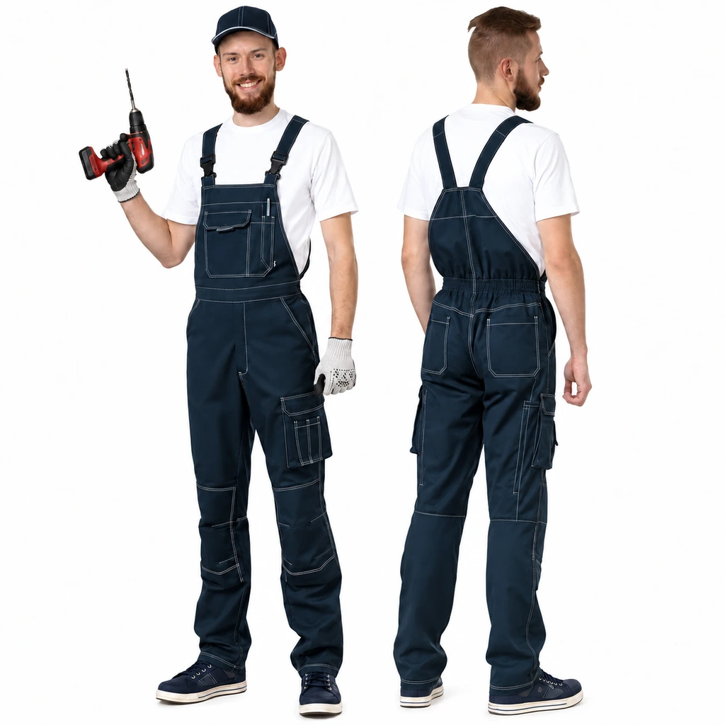RAPUTA S6 navy work bib overalls with white stitching, front and back views