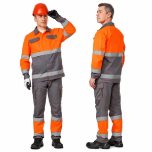 RAPUTA S7 orange and grey work suit, front and back views