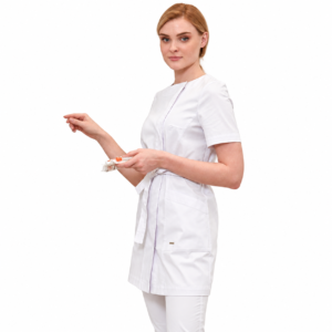 White fitted medical tunic with short sleeves, waist tie and pockets on a white background