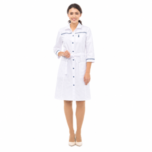 White medical coat with navy buttons, trim and waist belt, front view on white background