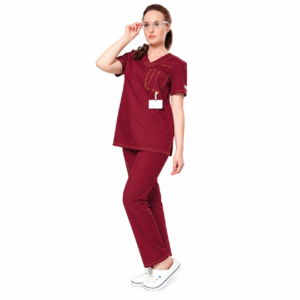 Burgundy women’s medical suit with yellow contrast stitching