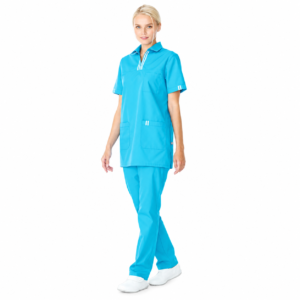 Turquoise women’s medical suit with double white stripe trim