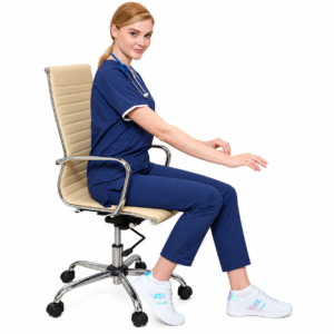 Navy medical scrub set with white sleeve trim, seated view on white background