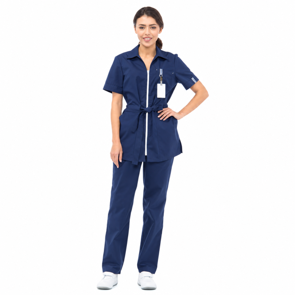 Navy women’s medical suit with white zipper and waist tie