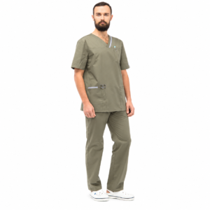 Olive men’s medical suit with gray neckline trim