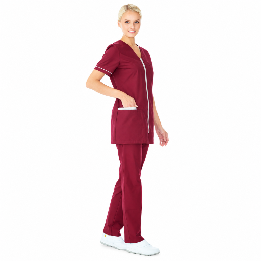 Burgundy women’s medical suit with gray front zipper