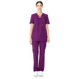 Plum women’s medical suit with pale pink trim and patch pockets