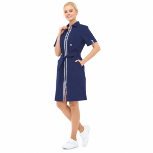 Navy knee-length medical dress with white double stripe zipper trim and waist belt
