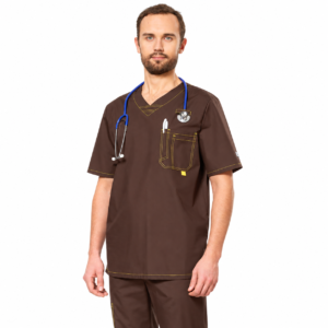 Brown men’s medical suit with yellow contrast stitching and stethoscope
