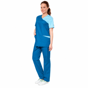 Blue women’s medical suit with pale blue asymmetric shoulder insert