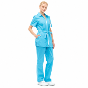 Sky blue women’s medical suit with collar, zipper and waist tie