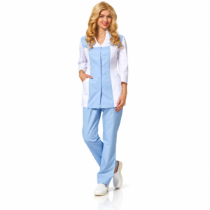 White and powder blue women’s medical suit with shaped seams