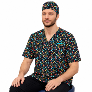 Medical blouse and cap with colourful medical print on a male model, white background, no overlaid text