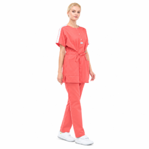Coral women’s medical suit with waist tie and white shoulder stripes