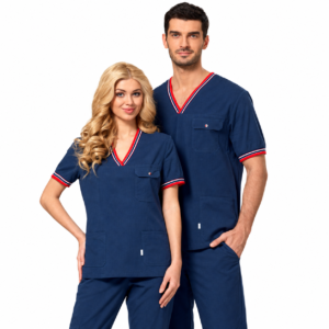Navy medical uniforms for women and men with red and white neckline trim, white background