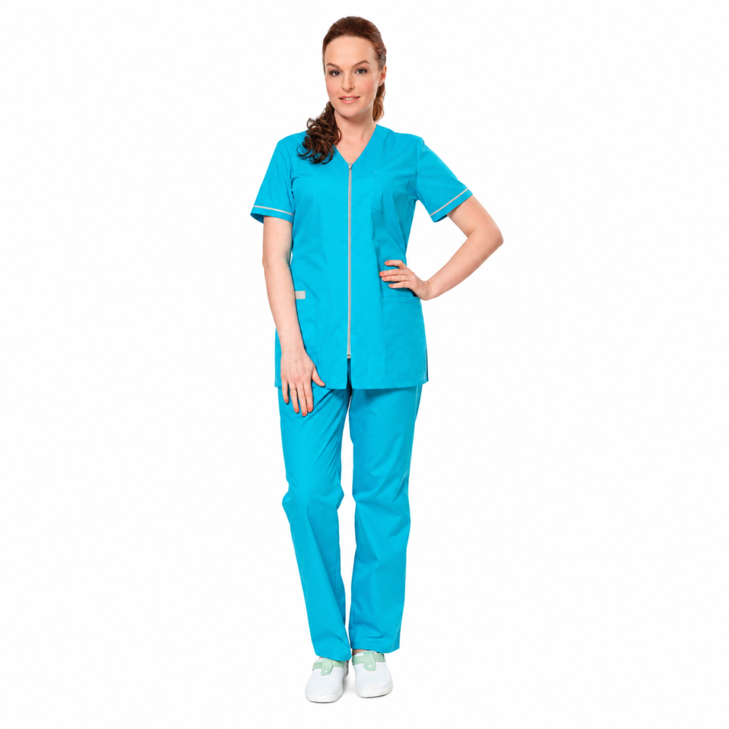 Turquoise women’s medical suit with gray zipper and sleeve piping