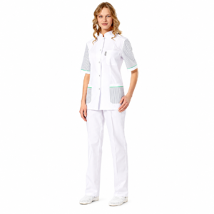 White women’s medical suit with fine striped sleeves and mint pocket trim