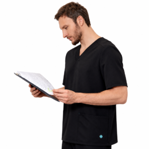 Black V-neck medical blouse with turquoise emblem on pocket, white background