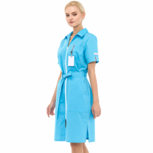 Sky blue knee-length medical coat with waist tie and original sleeve label